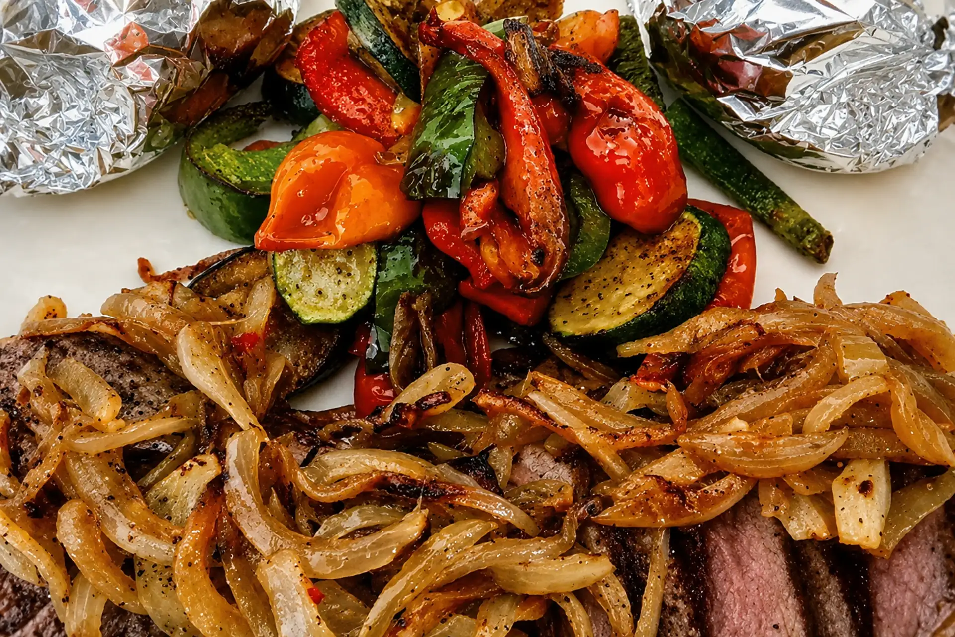 Gegrilltes Fleisch mit Zwiebeln, Paprika und Zucchini auf einem Teller