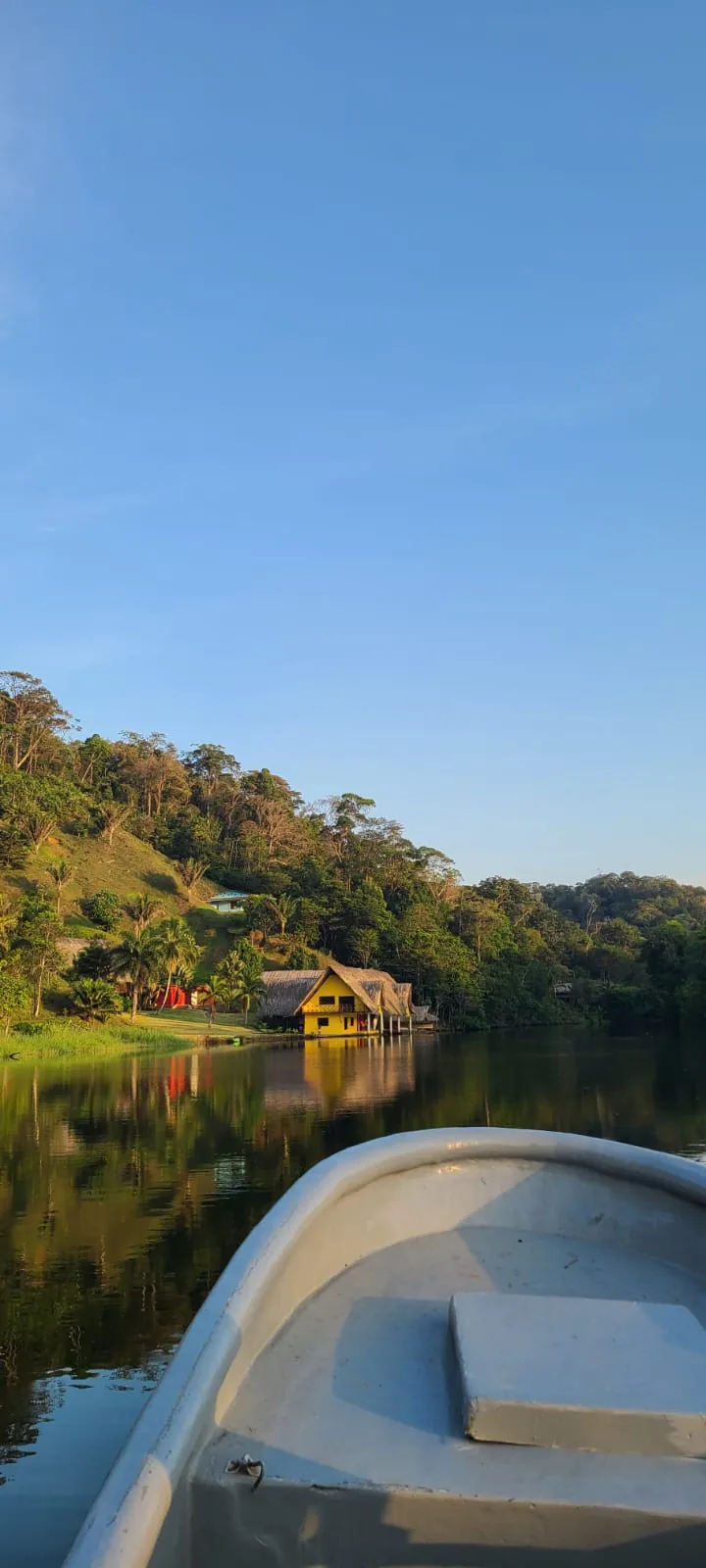 View from a boat towards a yellow building on a forest-lined shore.